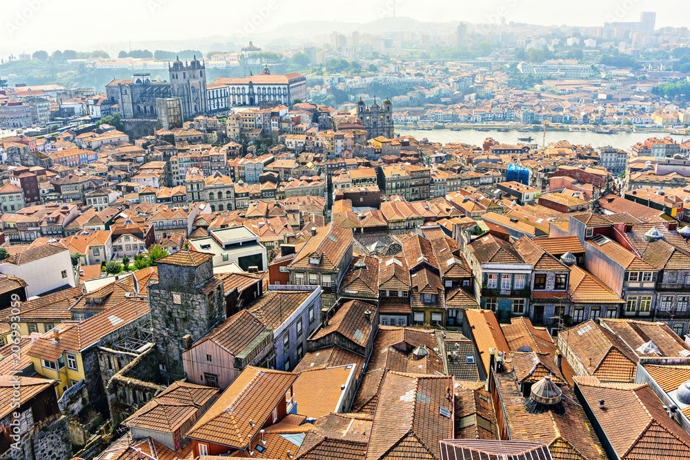 Wide Angle top view on the old town city during the sunny day. Porto. Portugal.