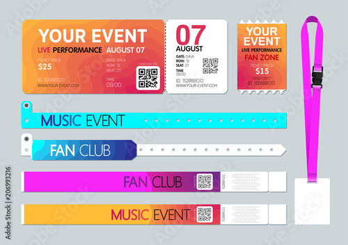 Event entrance Ticket, badge card holder, and bracelets. Live performance entrance. Access control design for Dance, Music, festivals, private areas, concerts or party events. Vector