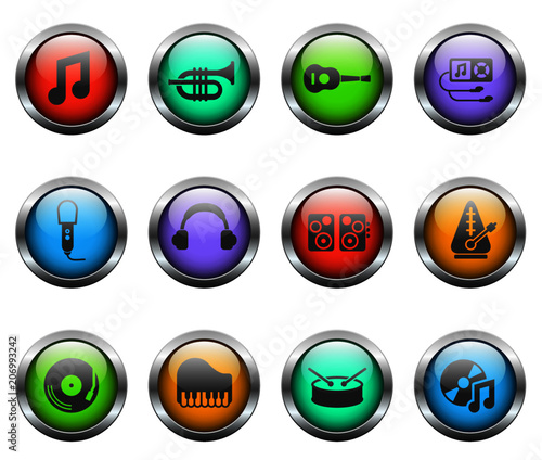 music vector icons on color glass buttons