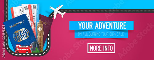 Colorful travel composition. Travel and Tourism banner. Road trip. Journey. Passport with tickets. Adventure time.