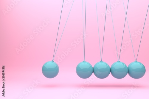 Newton ball, Balance ball , design, toy,illustration blue ball pink background, momentum swing, movement, isolate, 3d rendering