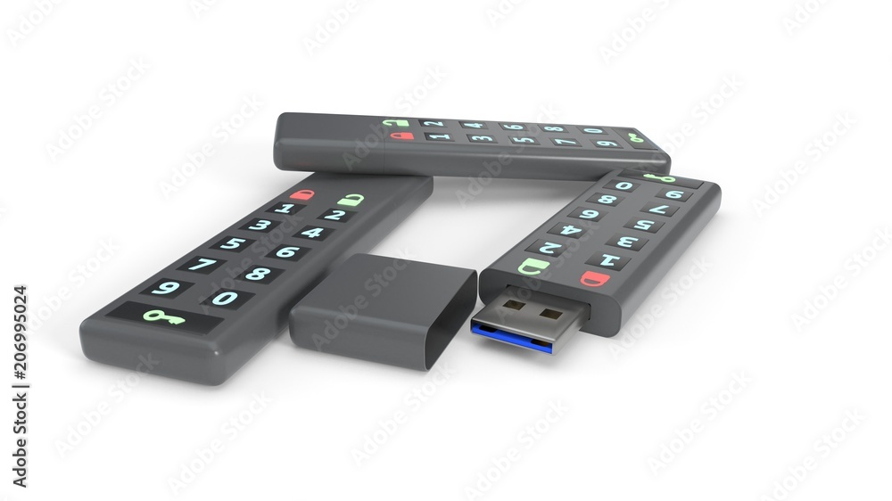 Password protected flash drives on white background, 3d rendering Password protected flash drives on white background, 3d rendering
