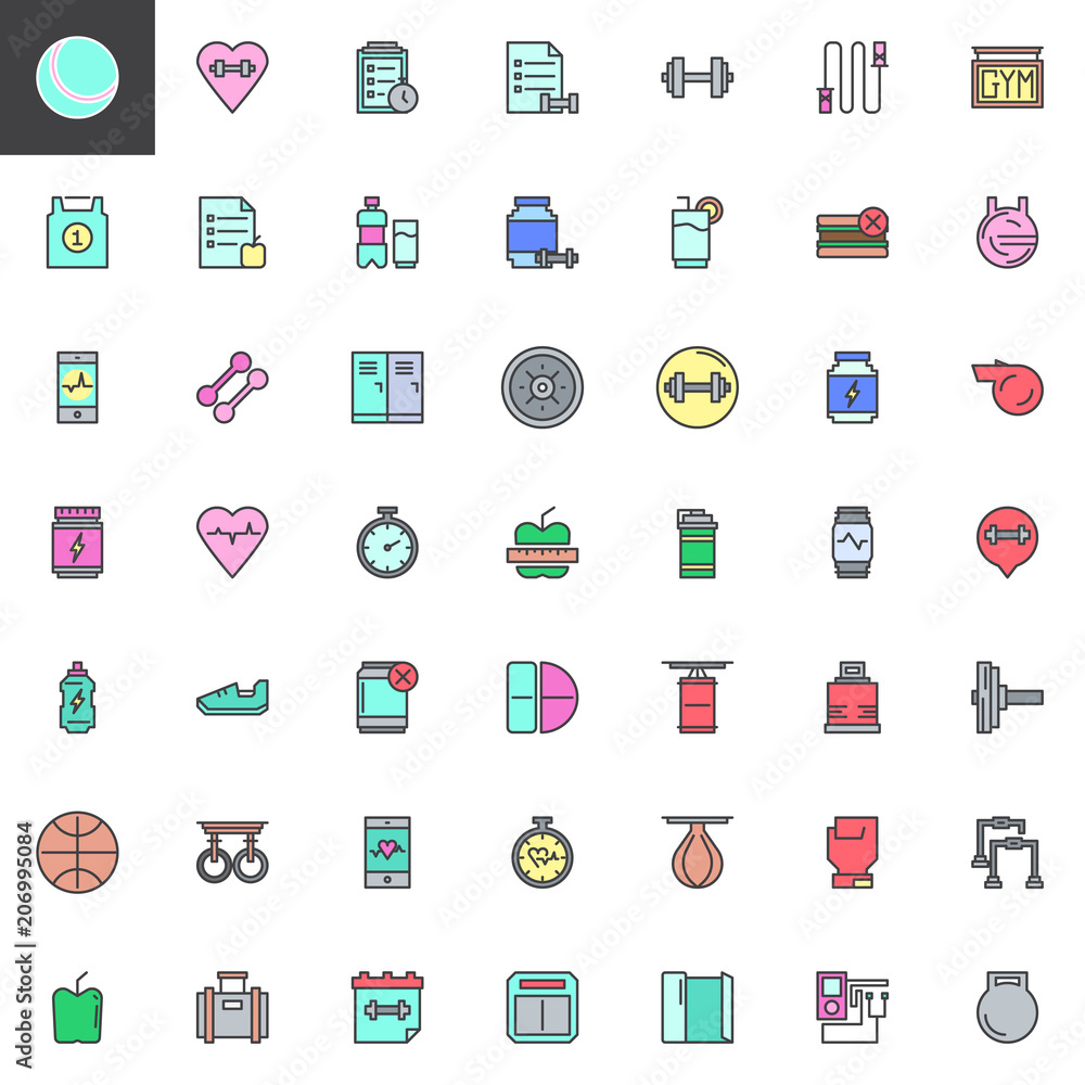 Fitness equipment filled outline icons set, line vector symbol collection, linear colorful pictogram pack. Signs, logo illustration, Set includes icons as Planning, Proteins Drink, Dumbbell, Lockers