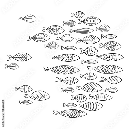 School of fish. A group of stylized fish swimming in a circle. Black and white fish for children with ornaments. Marine life. Vector illustration. Tattoo. Logo fishes.