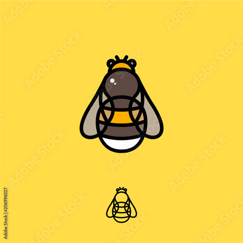 Bee logo. Bee flat emblem on a yellow background. Linear logo. Monochrome option.