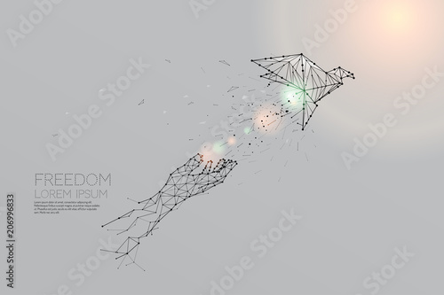 The particles, geometric art, line and dot of bird flying out of hand.