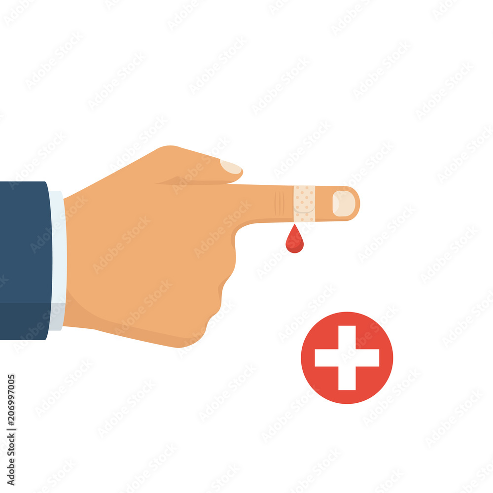 Bandage on finger. Broken, cut, damaged finger. Illustration flat design.  Isolated on white. Concept healthcare, provision first aid. Accident,  plaster on hand. Bandaged wound. Drop of blood. Stock Photo