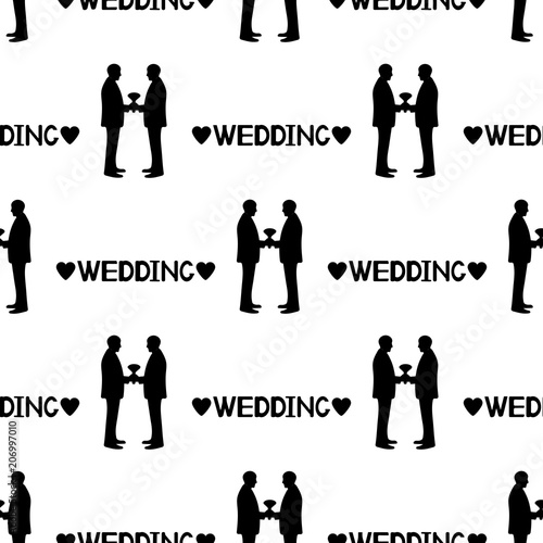Seamless pattern with black silhouettes of the grooms, hearts and words Wedding. Same-sex marriage.