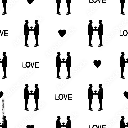 Seamless pattern with black silhouettes of the grooms, hearts and words Love. Same-sex marriage.