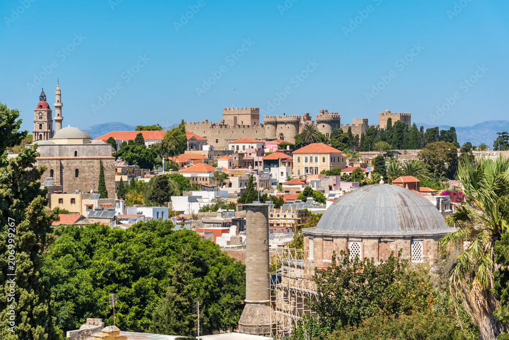 View of rooftops and Grand master palace in background from city walls (Rhodes, Greece)