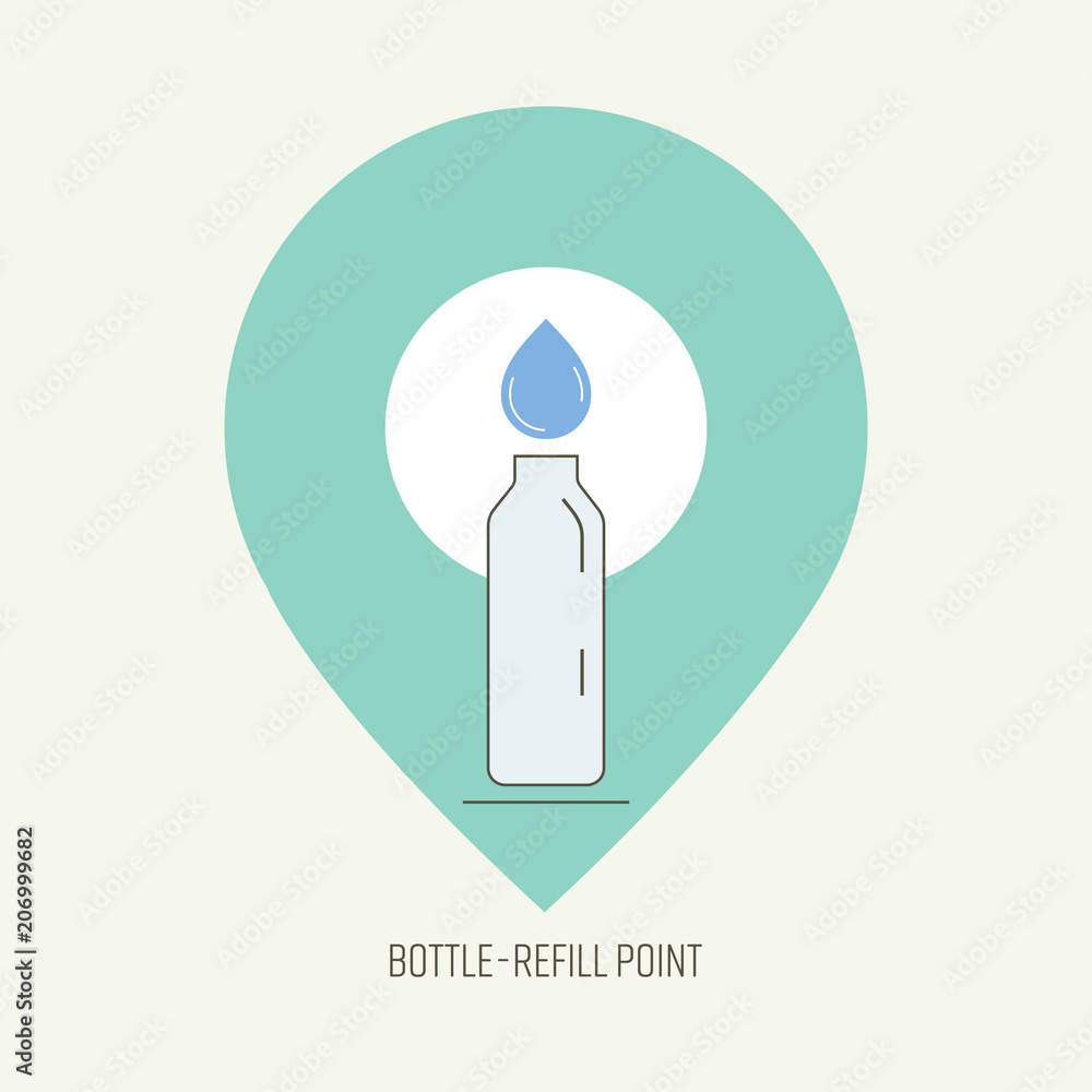 Water drop and bottle outline icon on location symbol represent bottle-refill point. Vector illustration. Water drop and bottle outline icon on location symbol represent bottle-refill point. Vector illustration.