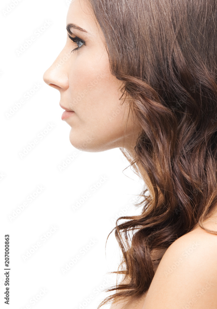 Portrait of beautiful woman, on white