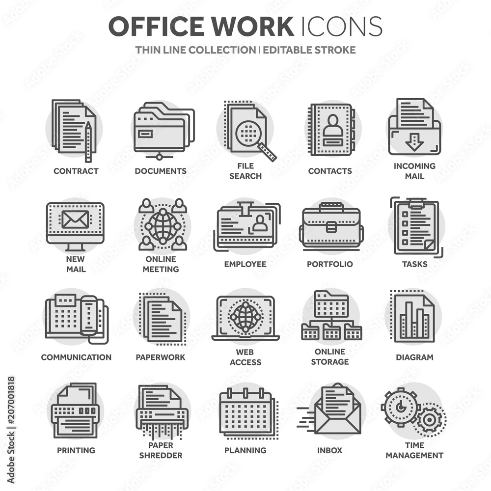 Business and office work. Documents, paperwork. Businessman. Thin line black web icon set. Outline icons collection. Circle element.