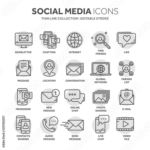 Communication. Social media. Online chatting. Phone call, app messenger. Mobile,smartphone. Computing.Email. Thin line black web icon set. Outline icons collection. Circle element.