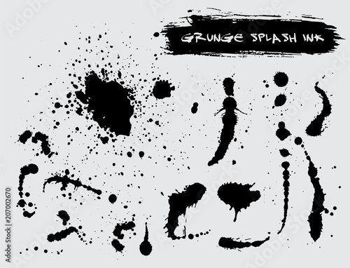 Vector set of ink splashes blots splatter collection grunge design element and art messy backdrop color dirty liquid shape spatter black white silhouette illustration