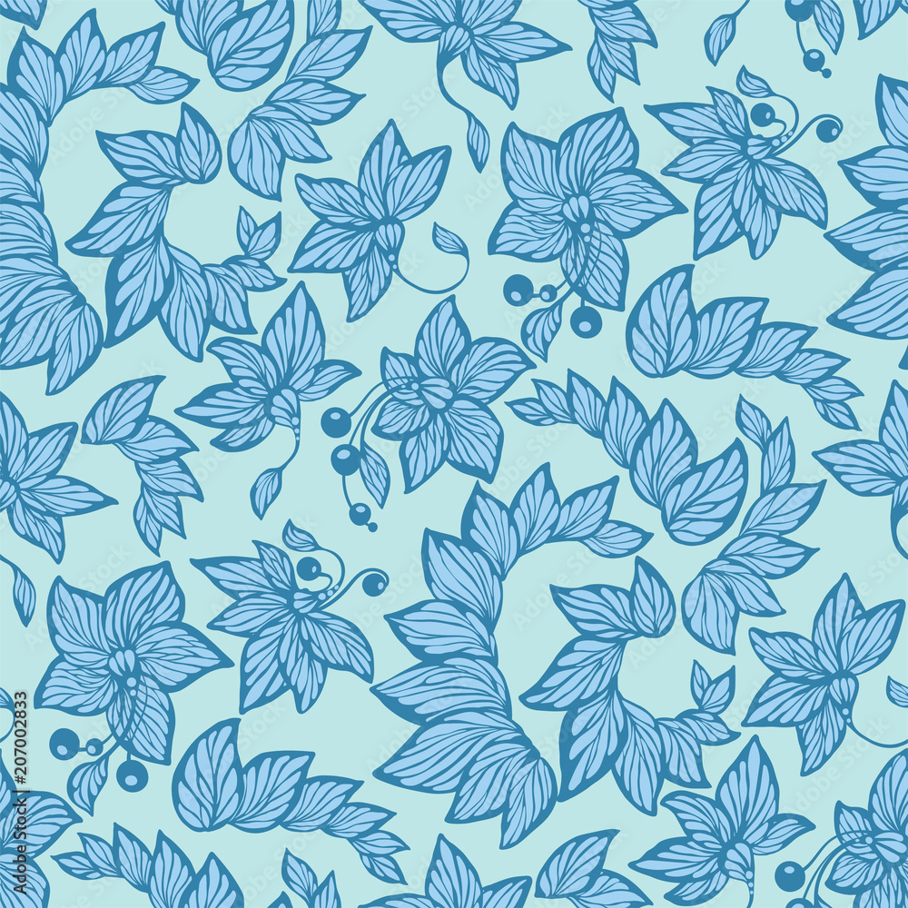 Fototapeta premium Seamless pattern in blue colors in vector graphic with flowers, beads and leaves