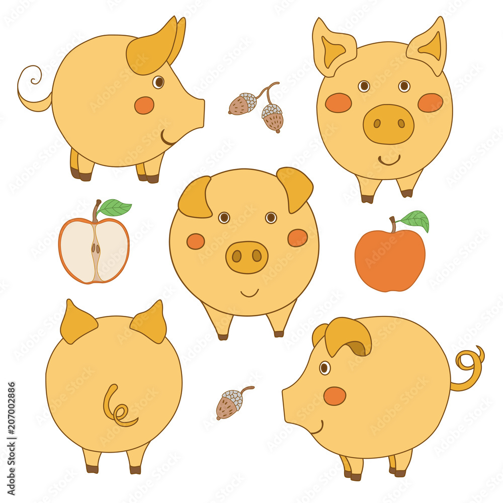Set of cute cartoon yellow pig: face, profile, back view. Sliced and whole apple. Acorn. Set of cute cartoon yellow pig: face, profile, back view. Sliced and whole apple. Acorn.