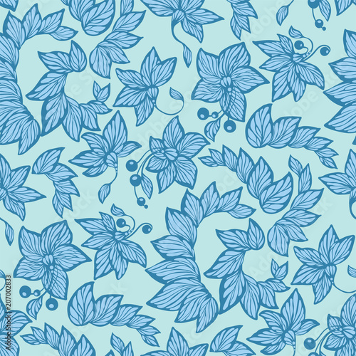 Seamless pattern in blue colors in vector graphic with flowers, beads and leaves