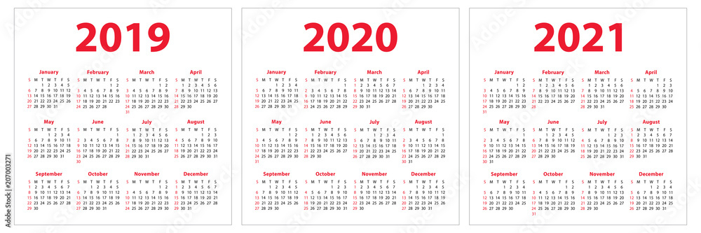 Calendar 2019, 2020, 2021 years. Template set. English. Week starts on Sunday. Basic grid Calendar 2019, 2020, 2021 years. Template set. English. Week starts on Sunday. Basic grid