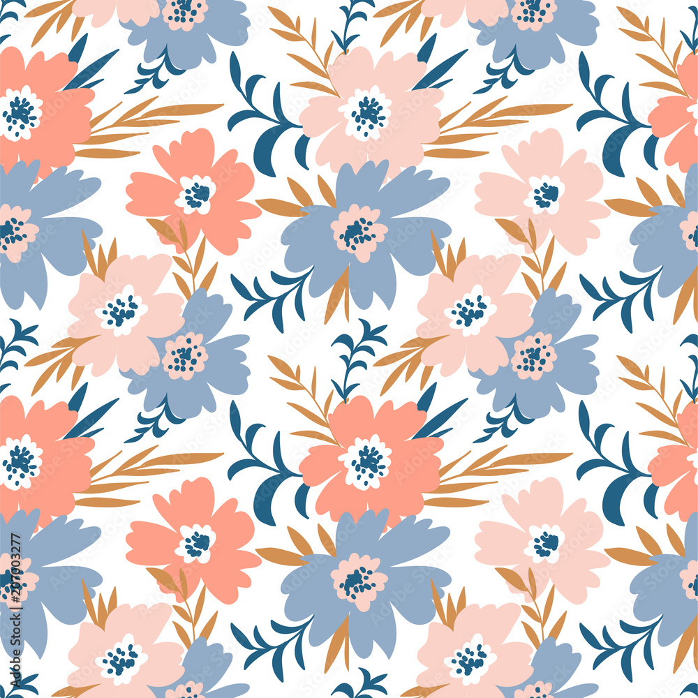 Trendy seamless floral ditsy pattern. Fabric design with simple flowers. Vector seamless background. Garden pattern. Trendy seamless floral ditsy pattern. Fabric design with simple flowers. Vector seamless background. Garden pattern.
