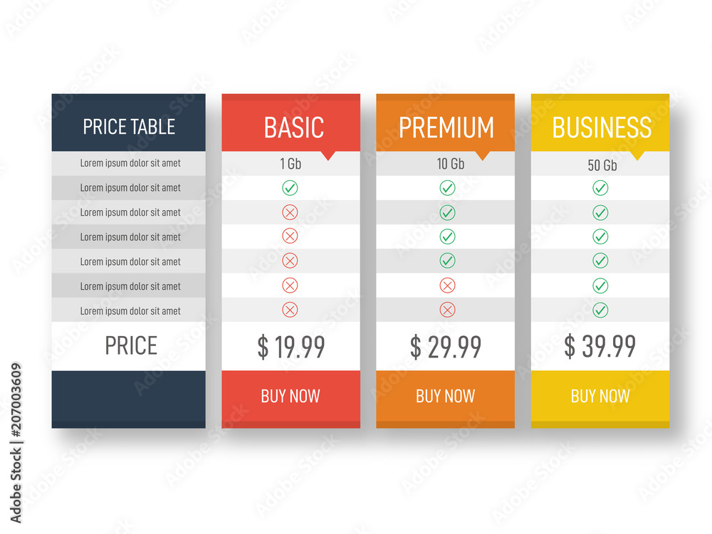 Price table for websites and applications. Business template in flat style. Vector illustration