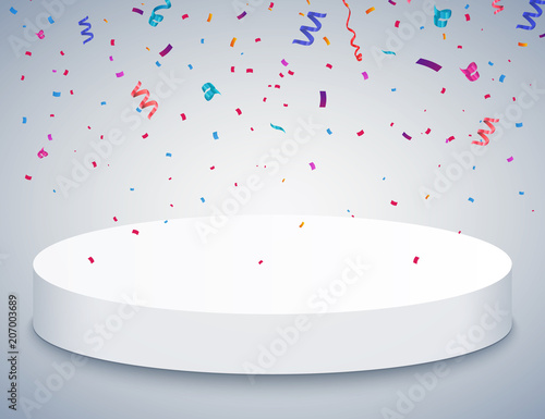Pedestal with colorful confetti isolated on grey background. Vector illustration. Round podium. Winner concept