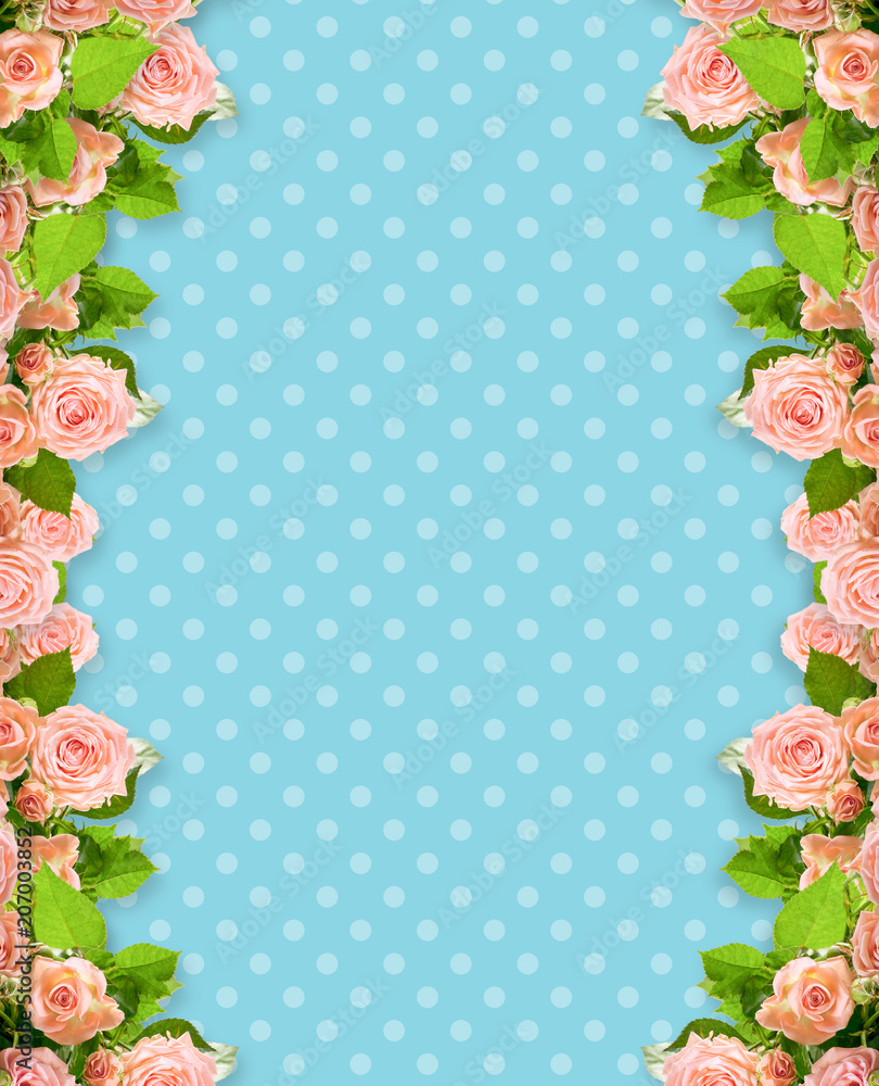 Pink roses frame on blue polka dots background