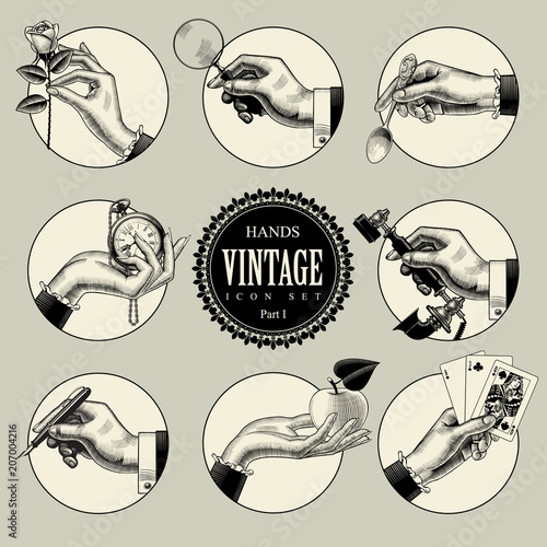 Set of round icons in vintage engraving style with hands and accessories