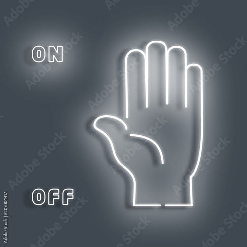 Neon sign of the palm. A white neon hand on a gray background. Neon signs on and off. For animate on and off lights. Vector illustration.
