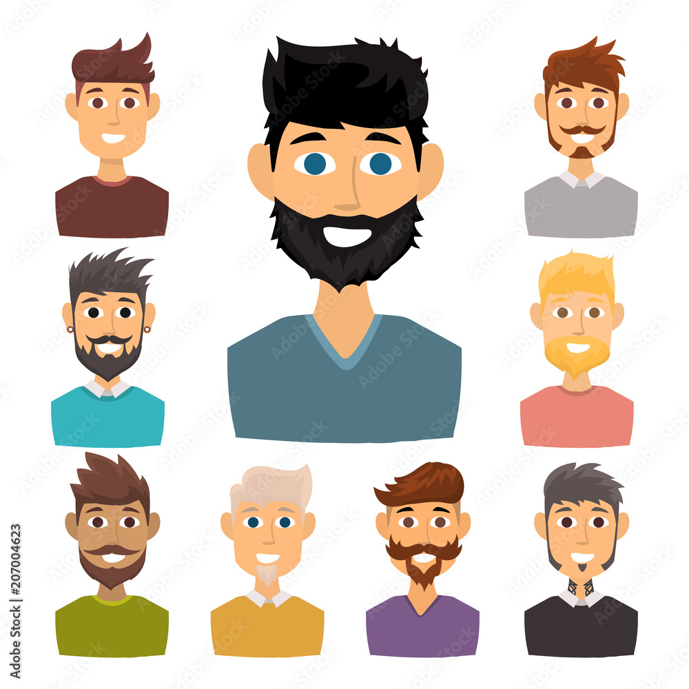 Character of various expressions bearded man face avatar and fashion hipster hairstyle head person with mustache vector illustration. Character of various expressions bearded man face avatar and fashion hipster hairstyle head person with mustache vector illustration.