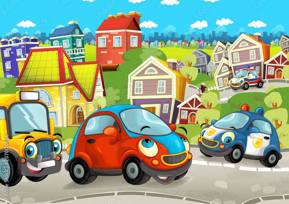 cartoon scene with happy cars on the street driving through the city - illustration for children