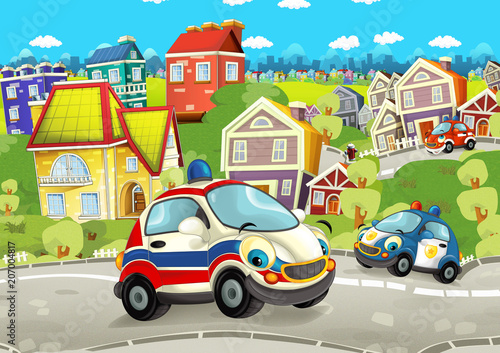 Fototapeta Naklejka Na Ścianę i Meble -  cartoon scene with happy cars on street going through the city - illustration for children