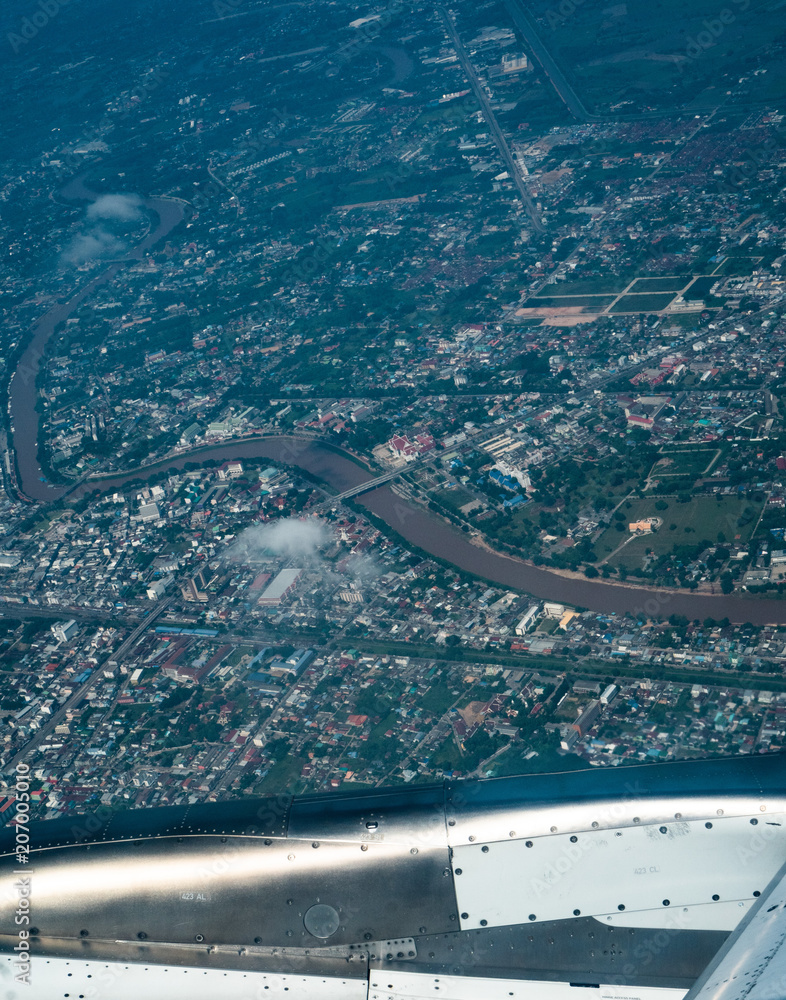 Aerial view from airplane landscape of Bangkok city in Thailand
