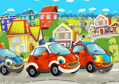 cartoon scene with happy cars on street going through the city - with police and fireman vehicles - illustration for children © honeyflavour