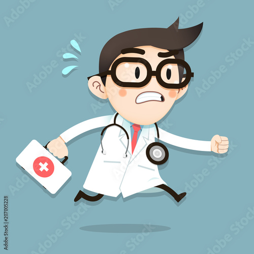 Doctor tiny character running with first aid box