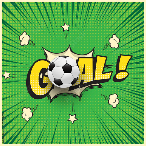 Goal word with realistic soccer ball in comic book style illustration. Vector football illustration.