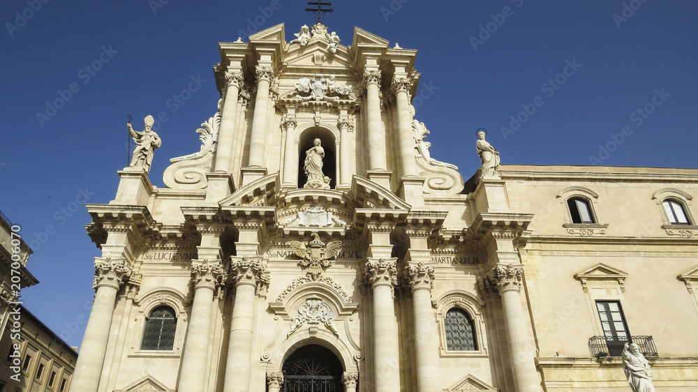 View of The Cathedral of Syracuse: The ancient Duomo di Siracusa is an UNESCO World Heritage Site, Sicily, Italy