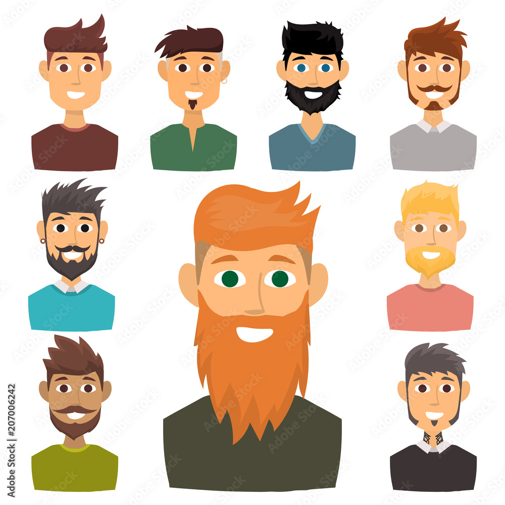 Character of various expressions bearded man face avatar and fashion hipster hairstyle head person with mustache vector illustration. Character of various expressions bearded man face avatar and fashion hipster hairstyle head person with mustache vector illustration.
