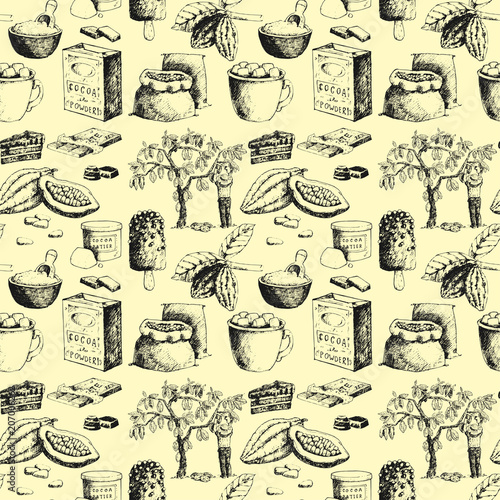 Vector cocoa products hand drawn sketch doodle seamless pattern background fo...