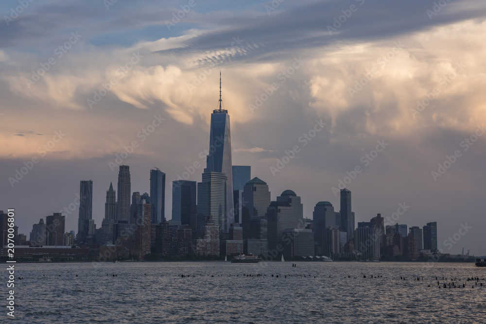 Amazing clouds behind New York City skyline viewed from Hoboken, New Jersey