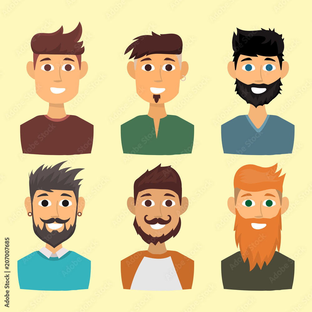 Character of various expressions bearded man face avatar and fashion hipster hairstyle head person with mustache vector illustration. Character of various expressions bearded man face avatar and fashion hipster hairstyle head person with mustache vector illustration.