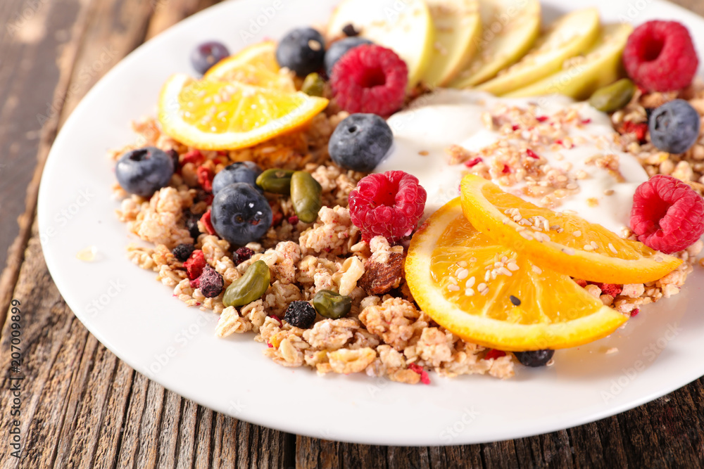 healthy breakfast with cereal, dairy and fruit healthy breakfast with cereal, dairy and fruit