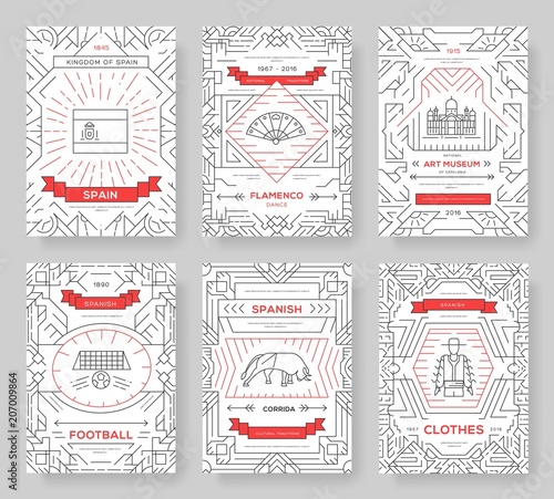 Spain vector brochure cards thin line set. Country travel template of flyear, magazines, posters, book cover, banners. Layout culture monument outline illustrations modern pages