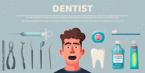 Patient with open mouth at dentist. Vector cartoon illustration. Funny character