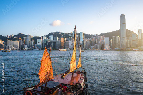 Photography sailboat with city skyline in hongkong china