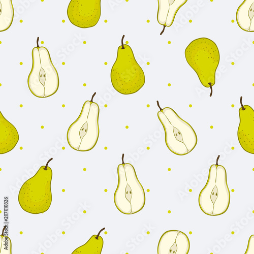 Beautiful vector hand drawn seamless pattern. Green pear fruit.