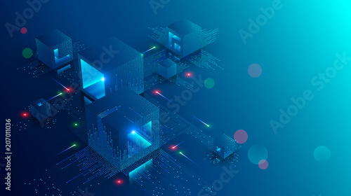 Blockchain concept banner. Isometric digital blocks connection with each other and shapes crypto chain. Blocks or cubes, connection consists digits. Abstract technology background. Vector illustration