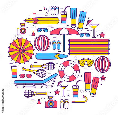 Summer vacation circle concept in thin lines style design. Beach umbrella  lifebuoy  diving  equipment  towel  ocean  supplies  landscape concept