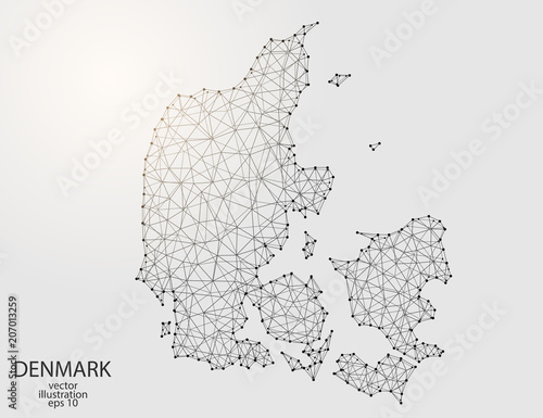A map of Denmark consisting of 3D triangles, lines, points, and connections. Vector illustration of the EPS 10.