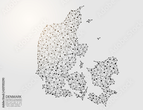 Fototapeta Naklejka Na Ścianę i Meble -  A map of Denmark consisting of 3D triangles, lines, points, and connections. Vector illustration of the EPS 10.